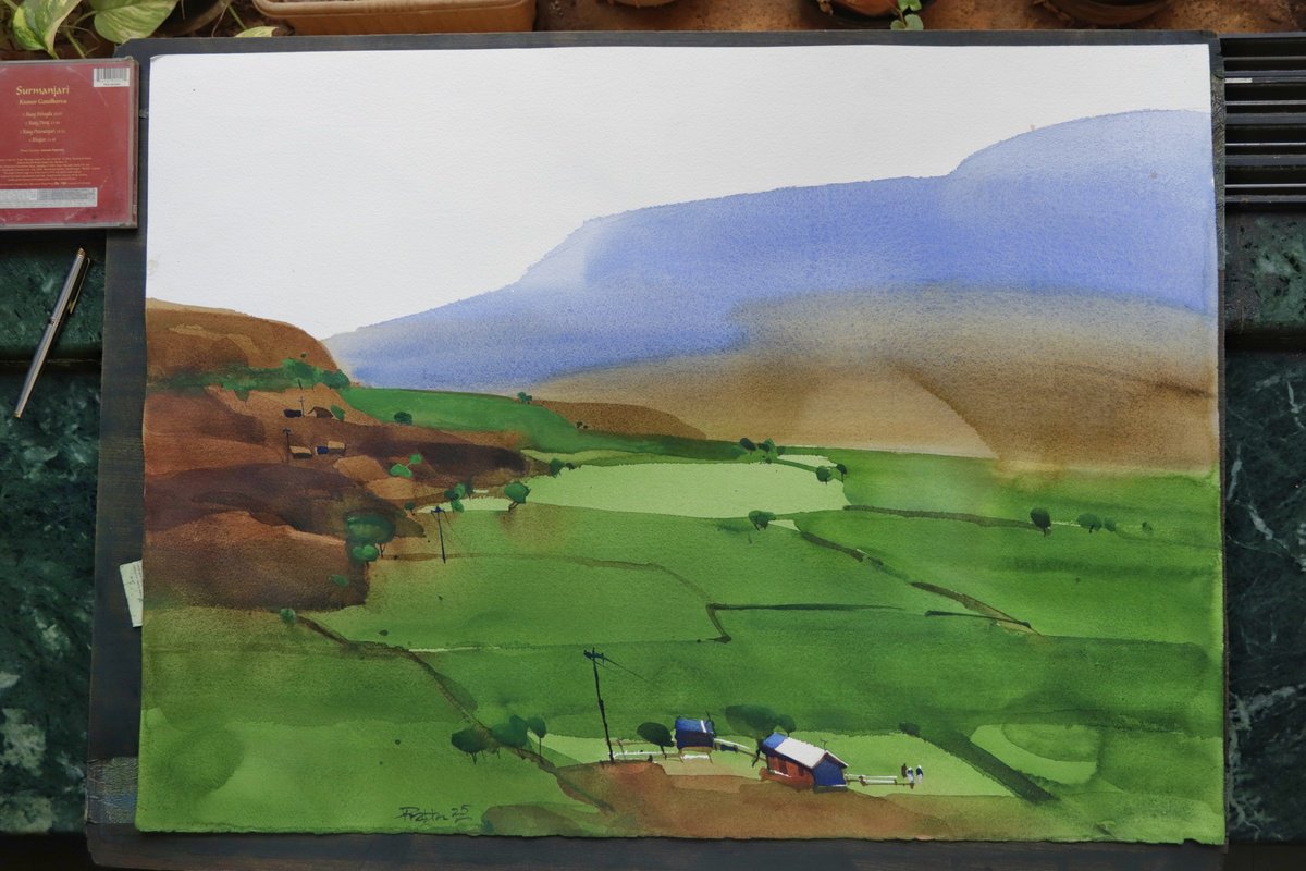 Impressionistic Landscape Watercolour By Prashant Prabhu, 30 X 22", Meadows Green, Mountain Blue, Original Artwork