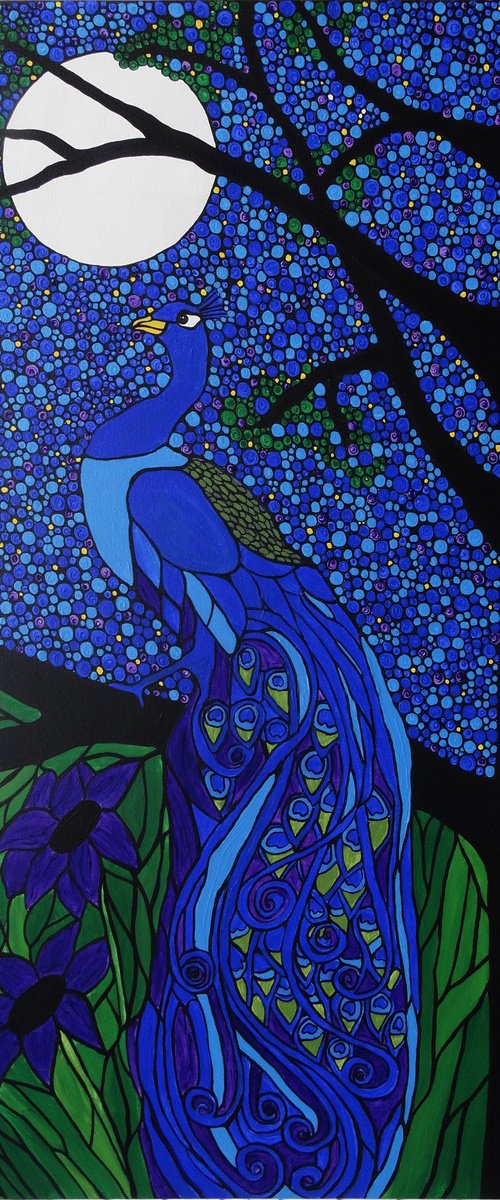 Peacock in moonlight by Rachel Olynuk