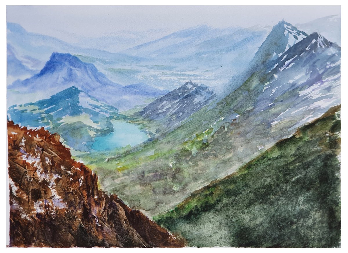 Impressionistic Landscape Watercolour By Yulia Schuster, 12 X 9", Valley Serenity, Original Artwork