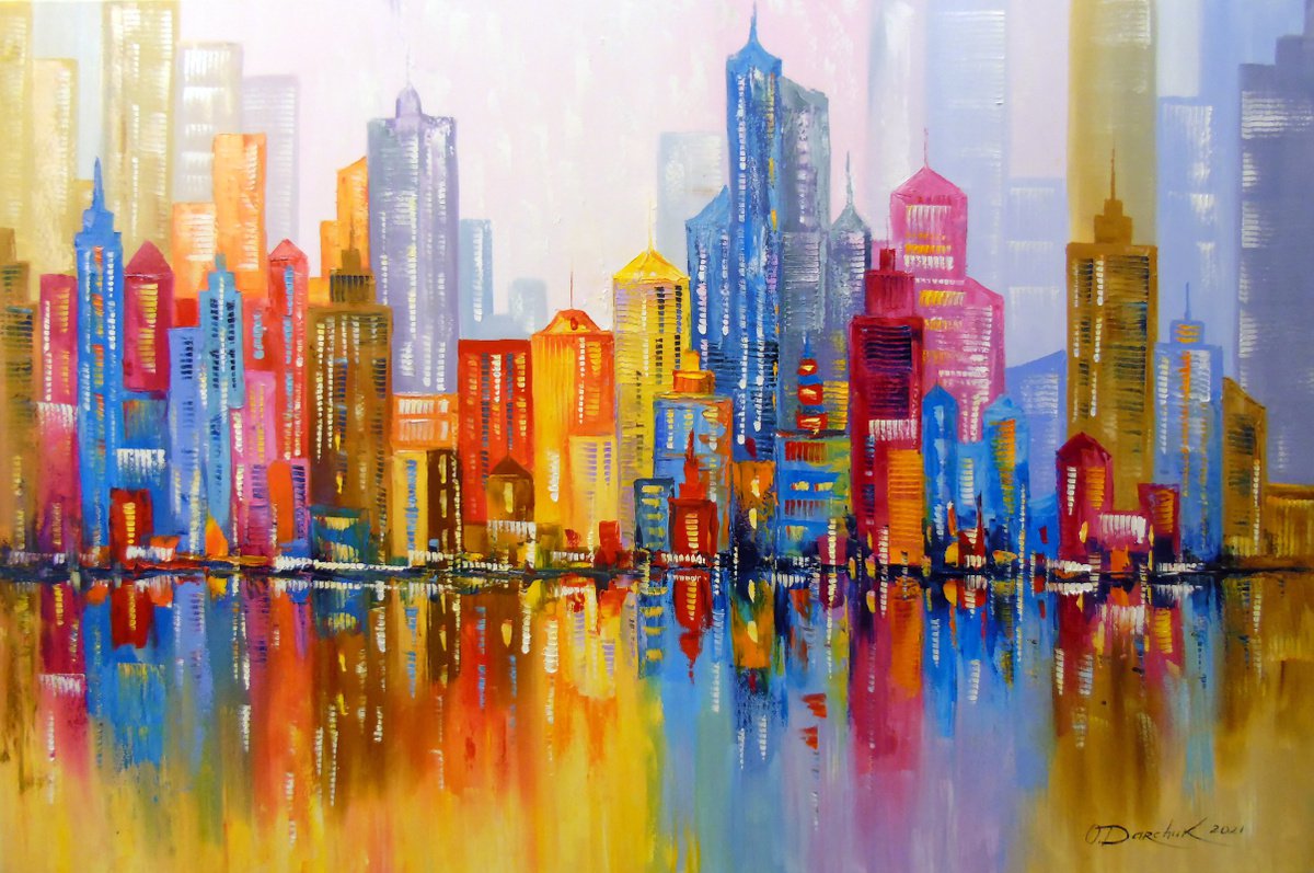 Impressionistic Cityscapes Oil Painting By Olha Darchuk, 59 X 39", Rainbow City, Original Artwork