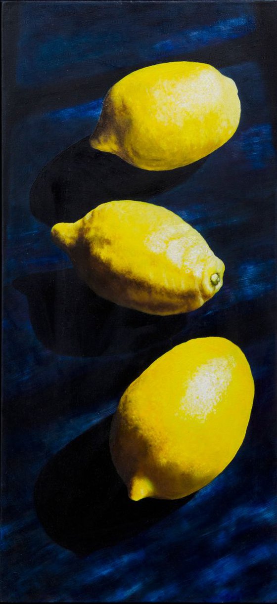 Three Lemons on Dark Blue Silk