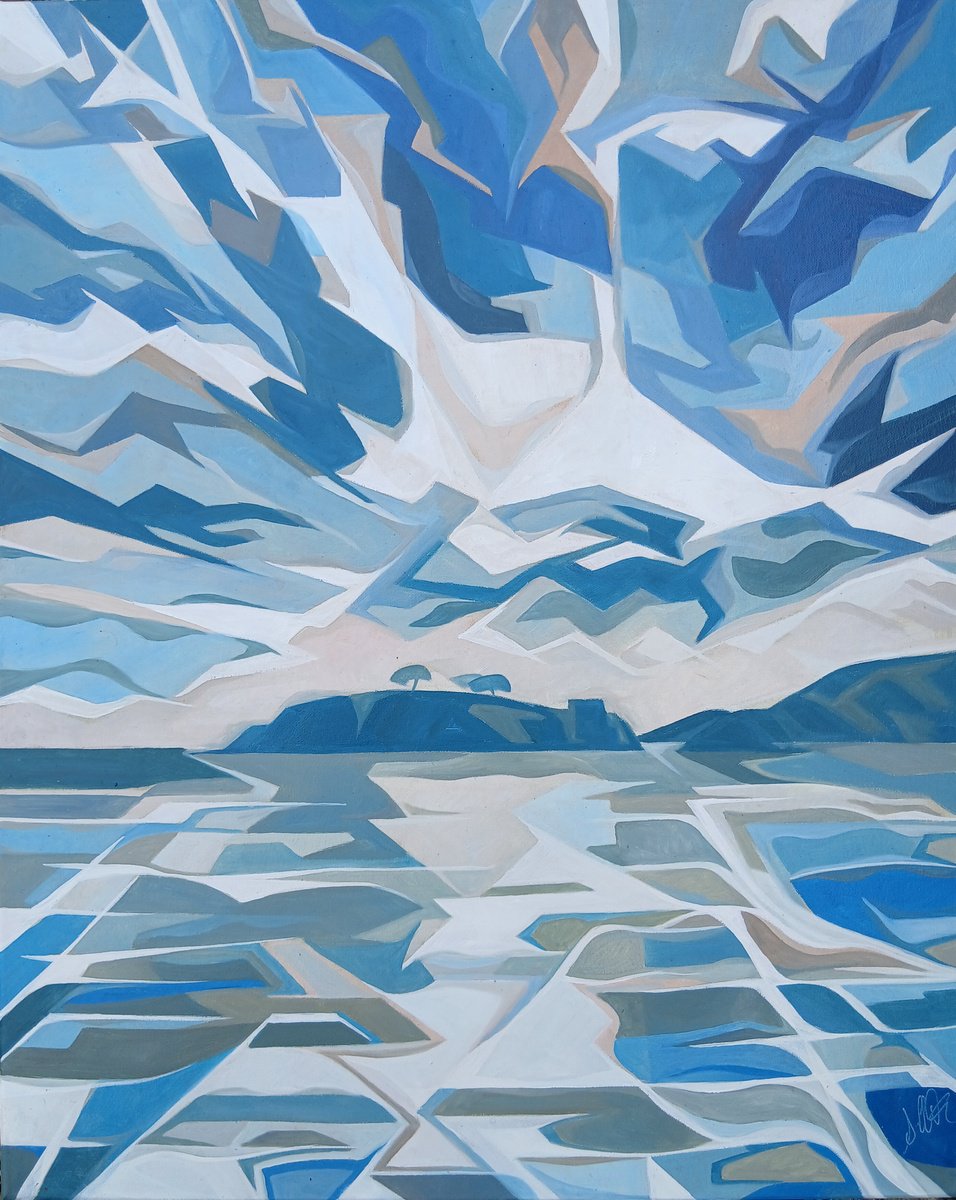 Geometric Landscape Oil Painting By Andrew Clayton, 24 X 28, Drakes Island, Original Artwork
