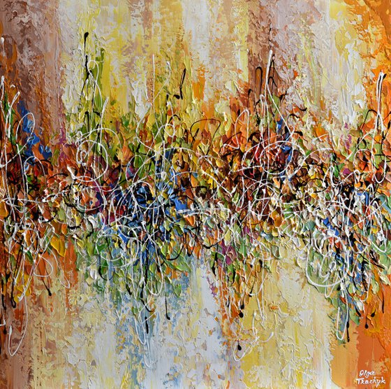 Fall Music - Abstract Painting on Canvas, Yellow, Orange, Blue Textured Artwork
