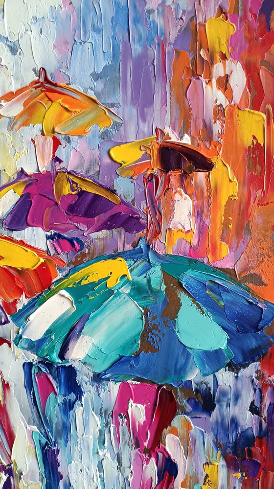 Color kaleidoscope - under the rain, painting on canvas, umbrella art, people in the rain, oil painting, people art, rain, umbrella, impressionism