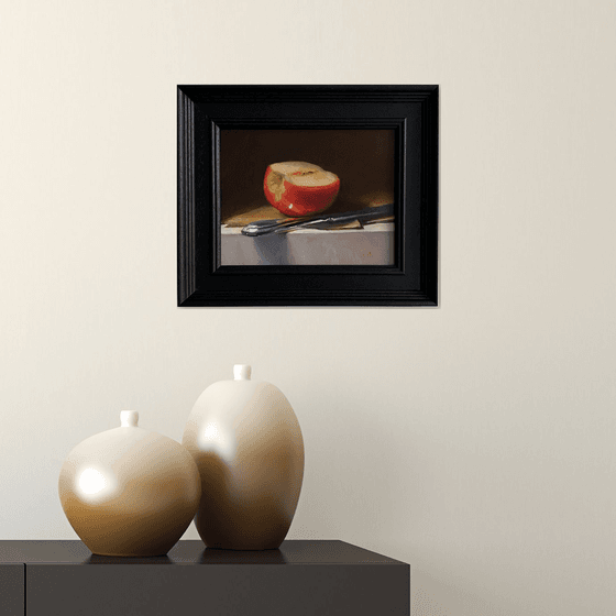 Apple Half, with Silver Knife; Framed & ready to hang home decor gift oil painting.