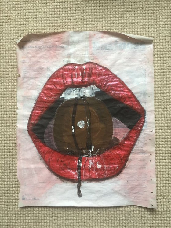 Lips Study III Red Lips Mouth Open Woman Face Portrait Original Artwork Realistic Lips Art For Sale Buy Art Now Free Delivery 36x27cm Newspaper Painting