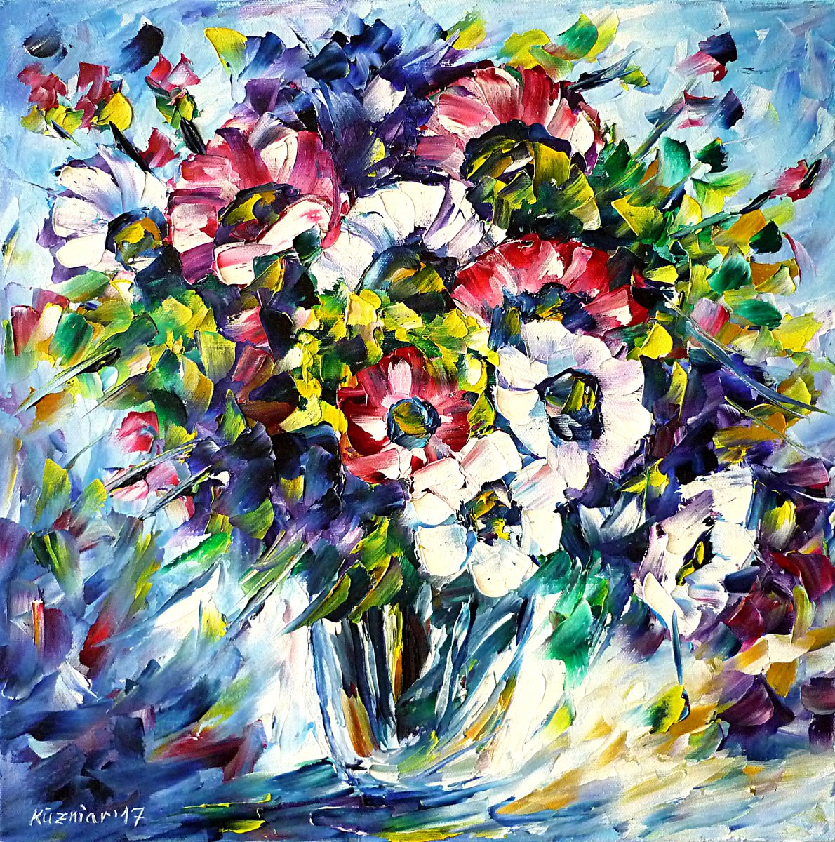 Expressive Botanical Oil Painting By Mirek Kuzniar, 16 X 16", Spring Bouquet, Original Artwork