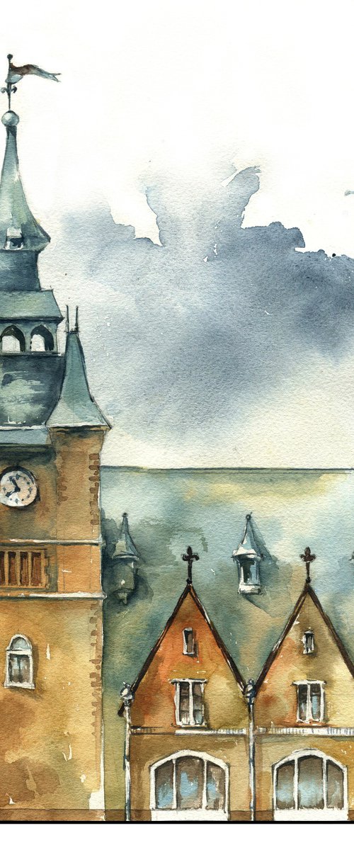 "Tower with a weather vane" architectural sketch in watercolor by Ksenia Selianko