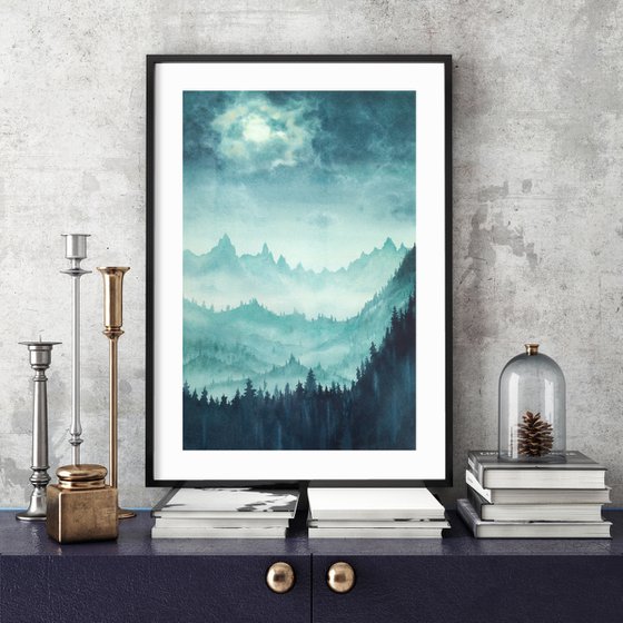 Full Moon Night - Cerulean Moonlight -  Landscape of Mountain at Night  - Mystical Night