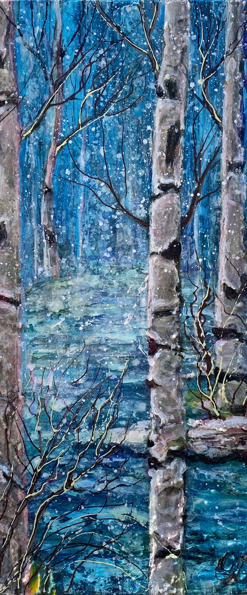Winter Birch Trees -  Monochrome  in Blue Impasto Original Painting  (palette knife) by Lena Owens at OLena Art