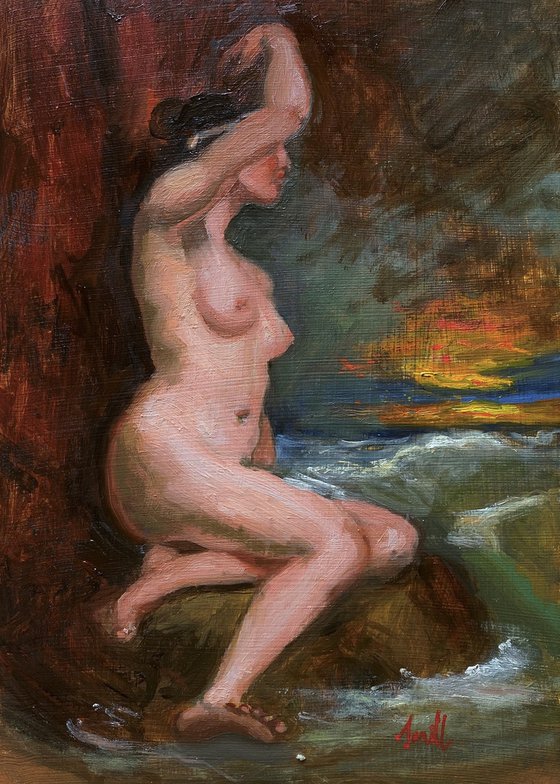 Old Master style female nude figure oil painting, with wooden frame.