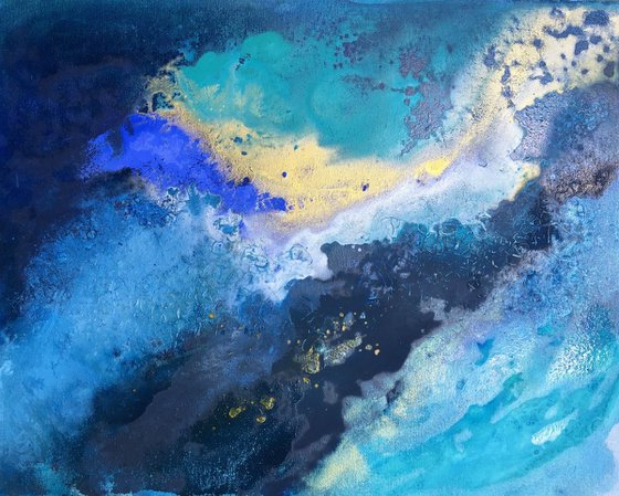 "Desirable flaws" abstract seascape dreamy atmospheric blue turquoise with gold