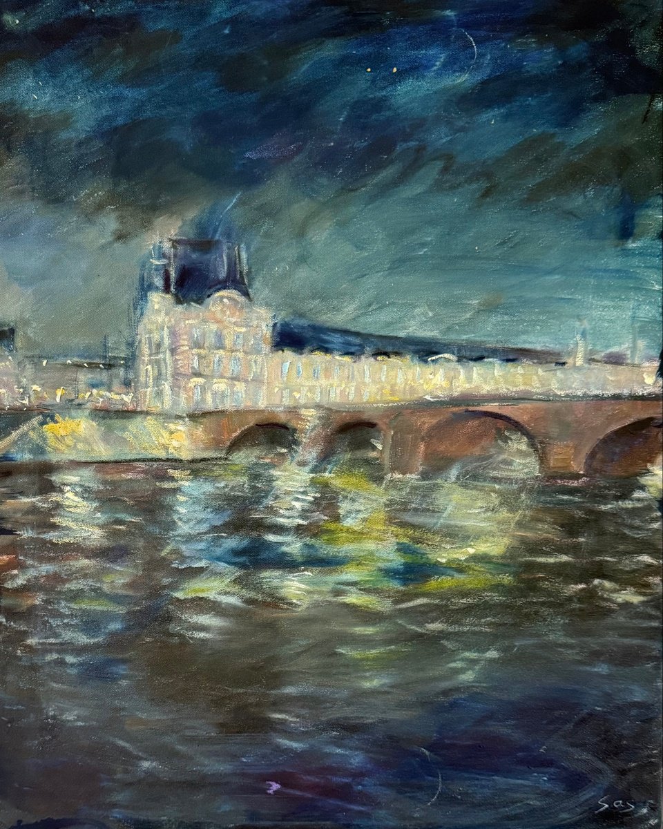 Impressionistic Cityscapes Oil Painting By Liubou Sas, 19 X 24", Louvre At Night, Original Artwork