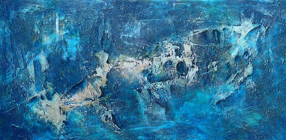 Large Blue Abstract Seascape Textured Painting Blue, Silver, Gold. Modern Art with Heavy Texture. Abstract Landscape Contemporary Artwork for Livingroom or Bedroom