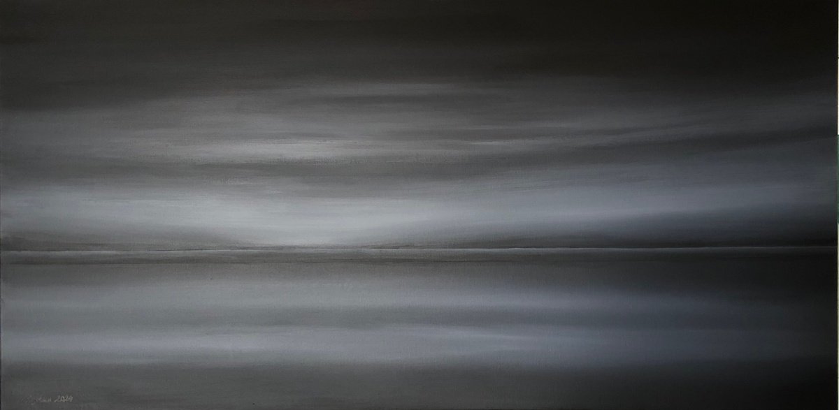 Impressionistic Landscape Oil Painting By Nataliia Krykun, 47 X 24", Dark Sunset #2, Original Artwork