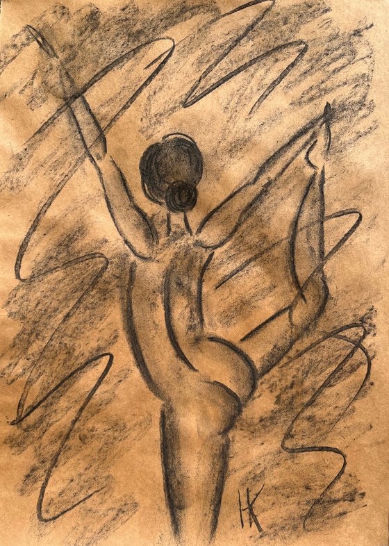 Nude Yoga Girl Charcoal Art