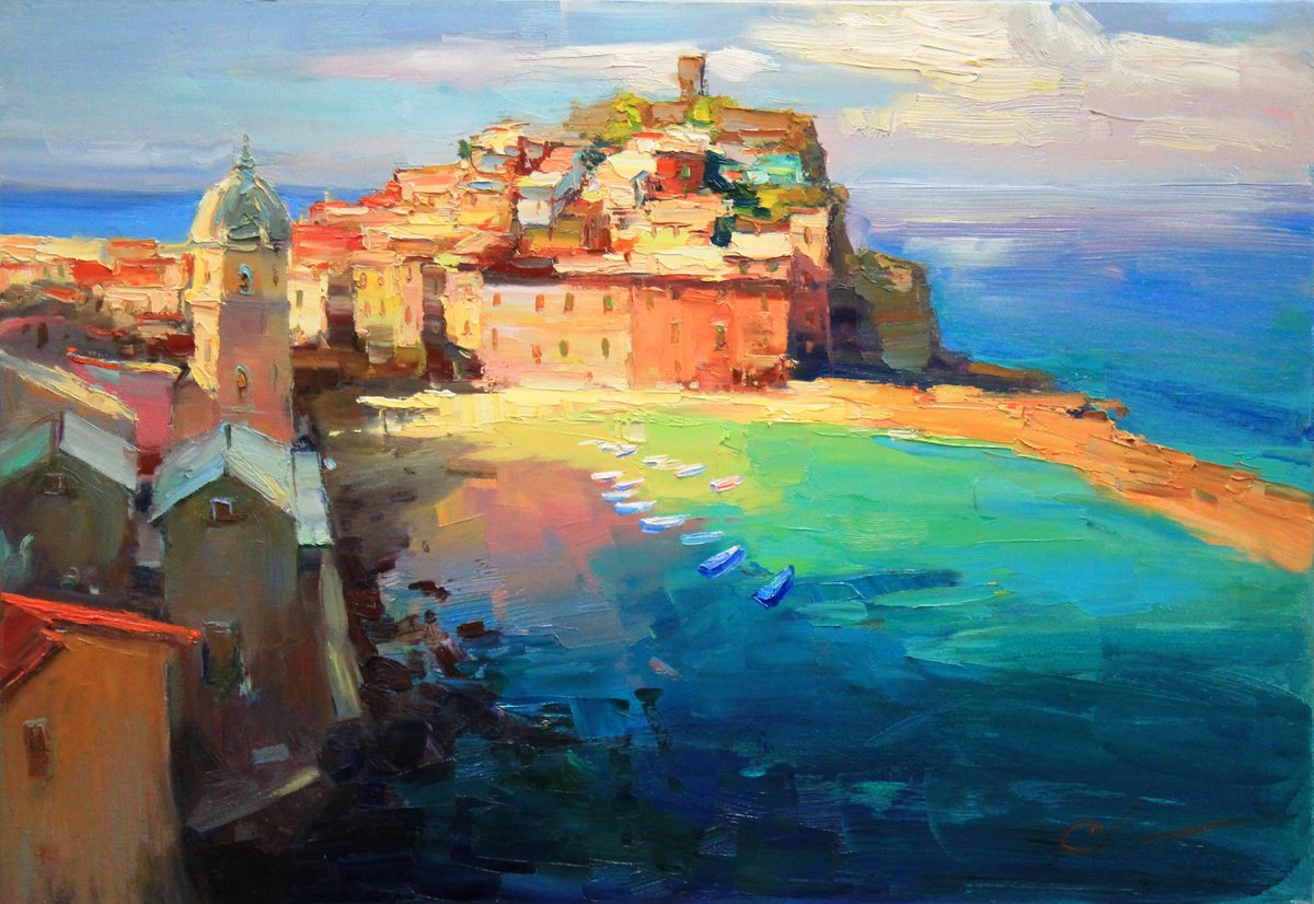 Impressionistic Cityscapes Oil Painting By Serhii Cherniakovskyi, 26 X 18", Vernazza Cinque Terre, Original Artwork