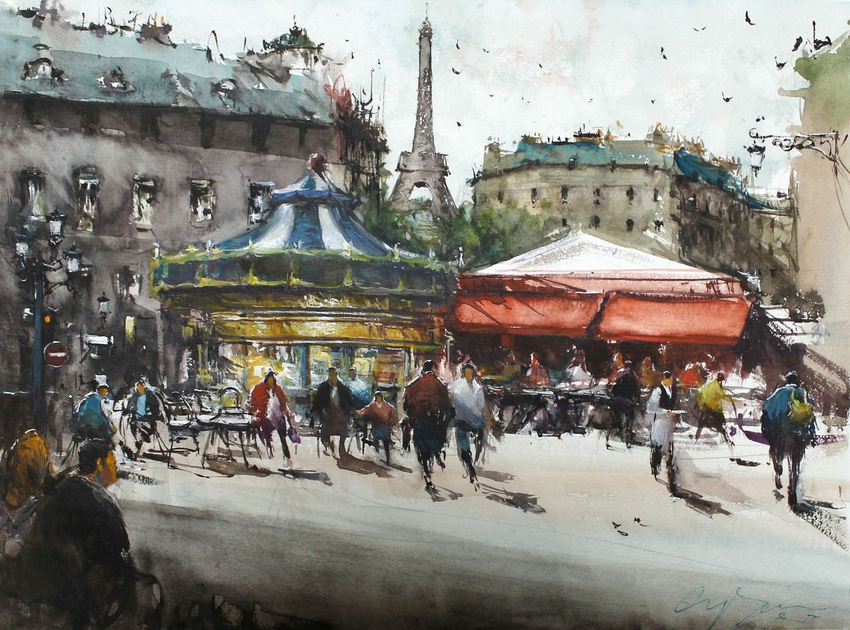 Impressionistic Cityscapes Watercolour By Maximo Damico, 18 X 13", Paris Carousel, Original Artwork