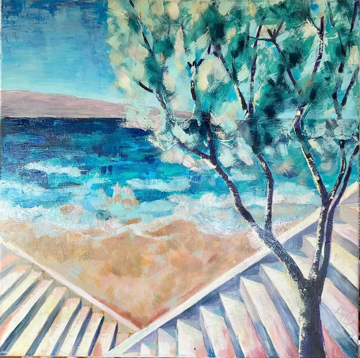 Impressionistic Landscape Acrylic Painting By Angelina Doseva, 24 X 24, Sweet Times, Original Artwork