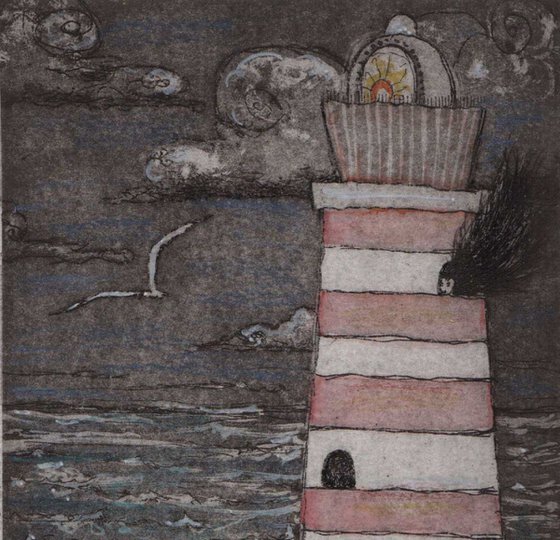 Lighthouse Keeper gorgeous hand colored limited edition etching hand colored with poem
