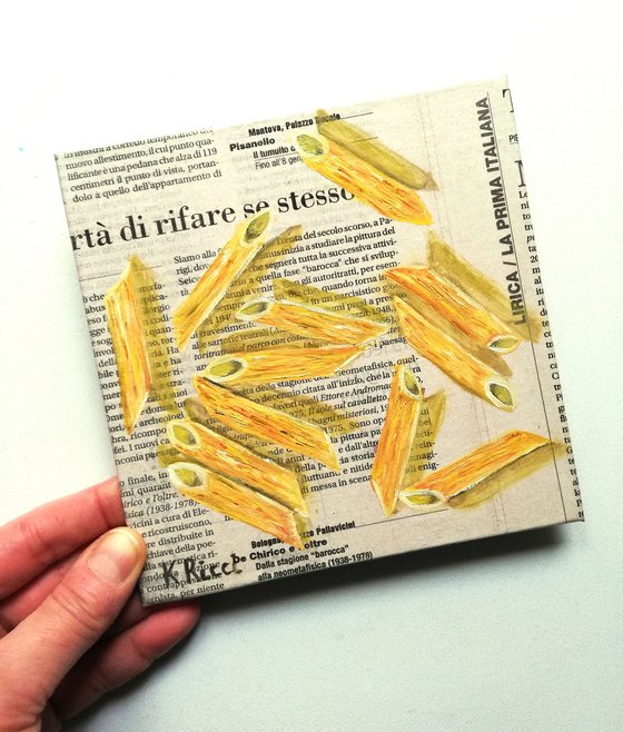 "Penne Noodle on Newspaper" Original Oil on Canvas Board Painting 6 by 6 inches (15x15 cm)
