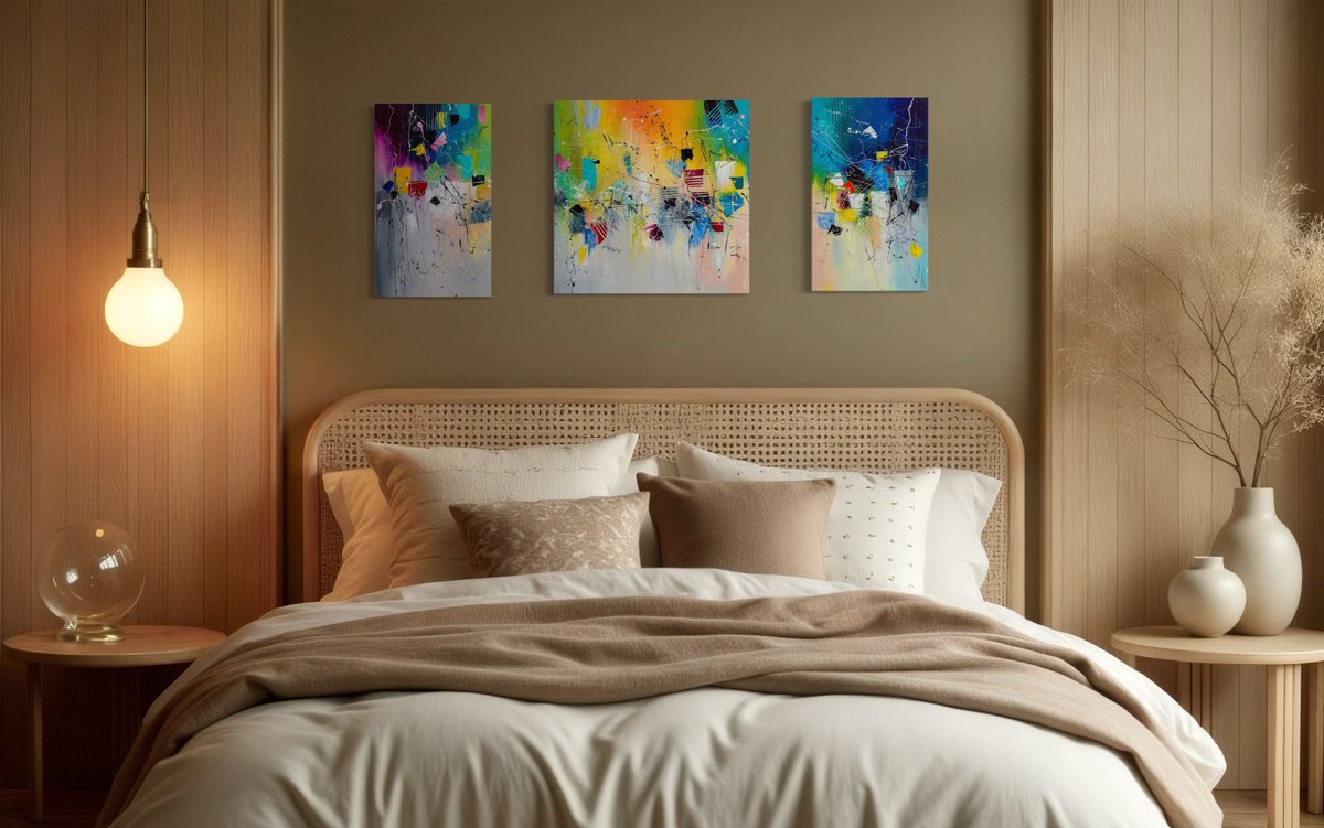 Abstract Oil Painting By Liubov Kuptsova, 43 X 20", Good Day Sunshine (Triptych), Original Artwork