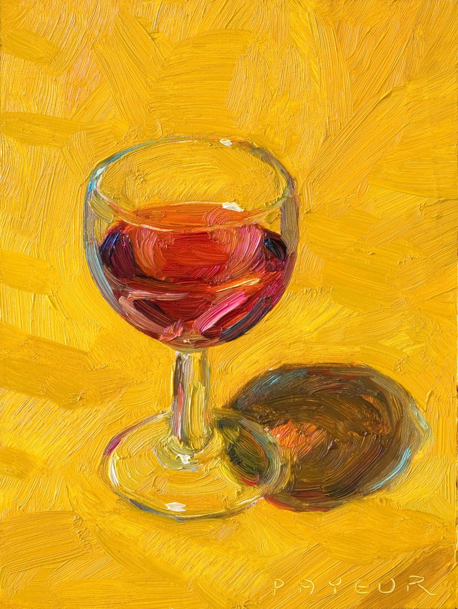Impressionistic Still Life Oil Painting By Olivier Payeur, 6 X 8", Glass Of Red Wine On Yellow, Original Artwork