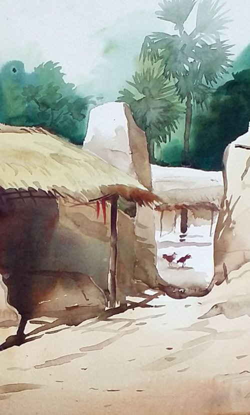 Morning Bengal Village-Watercolor on paper by Samiran Sarkar