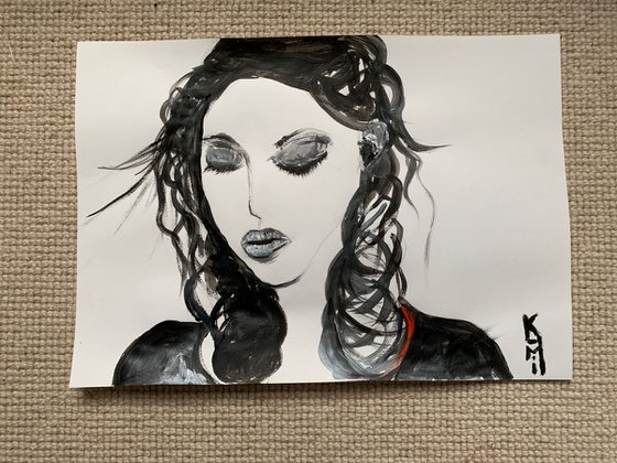 Black and White Art / Painting of Woman / Portrait / Original Artwork / Black and White Painting / Gifts For Him / Home Decor Wall Art 11.7"x16.5"