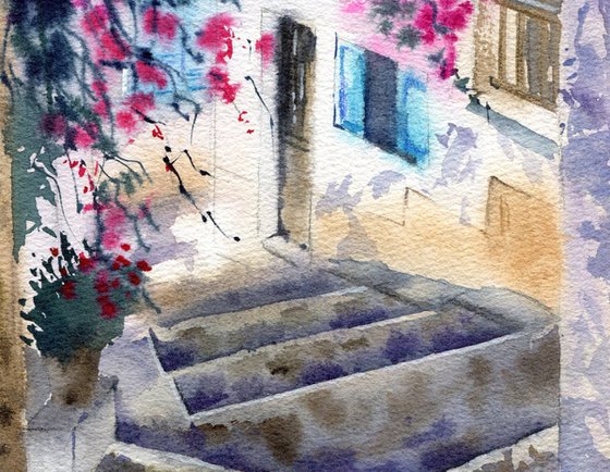 Walk along the Turkish street with blooming bougainvillea. Original artwork.