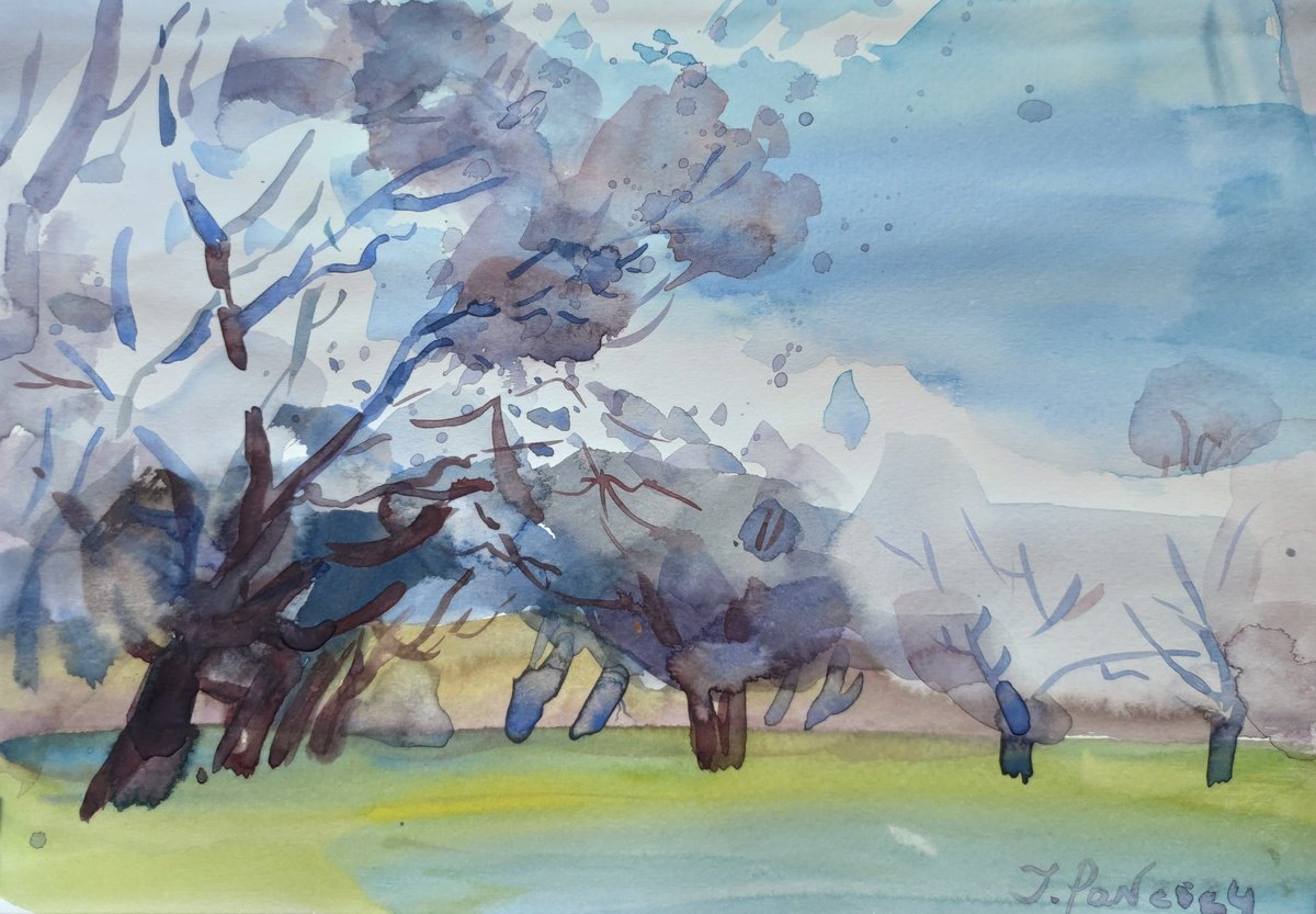 Impressionistic Landscape Watercolour By Inna Pantelemonova, 10 X 7, Apricots Have Blossomed, Original Artwork