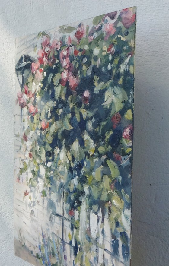 Flowers on the Wall, Bavaria. Oil Painting on Board. Unframed.