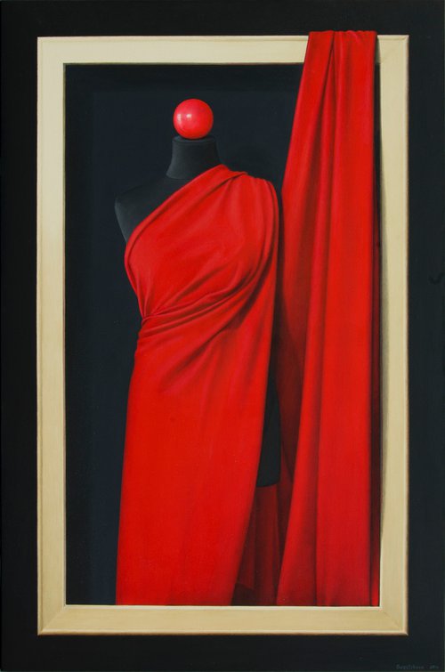 Still life in hyperrealism "Just Red Fabric on a Black Mannequin..." by Nataliya Bagatskaya