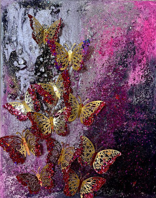 Hope glittery butteflies pink purple painting by Henrieta Angel