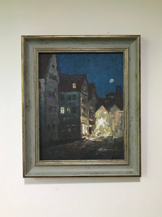 Original Oil Painting Wall Art Signed unframed Hand Made Jixiang Dong Canvas 25cm × 20cm Cityscape One Night in Tübingen Small Impressionism Impasto