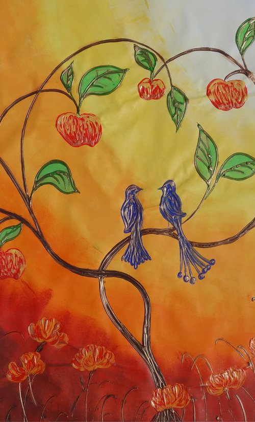 Apple Tree and two blue birds Large orange painting 110x160 cm unstretched canvas art by Ksavera