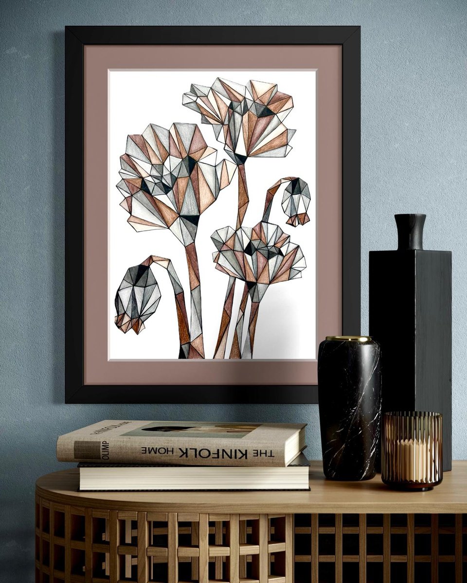 Geometric Pencil Drawing , Terracotta Poppies In Stained Glass Light By Maria Tuzhilkina, 11 X 17, Artwork For Sale On Artfinder
