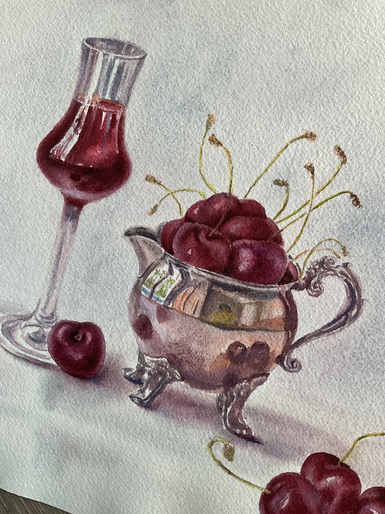 Cherries liqueur, original watercolour