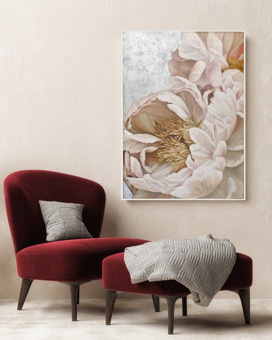 "Silk Flowers" Pink silver peonies oil art