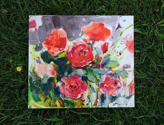 Scarlet roses . Ukrainian flowers . Intense colors. Original plein air oil painting