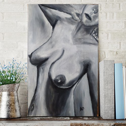 In the shower, erotic nude black and white oil painting, Gift, bedroom painting by Nataliia Plakhotnyk