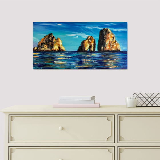 FARAGLIONI ROCKS ON THE HORIZON, Rocky Italian Seascape, Original Textured Impressionist Painting of the Isle of Capri