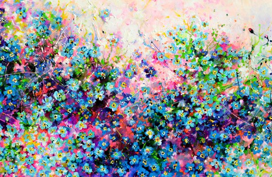 Forget me not flower field at sunrise