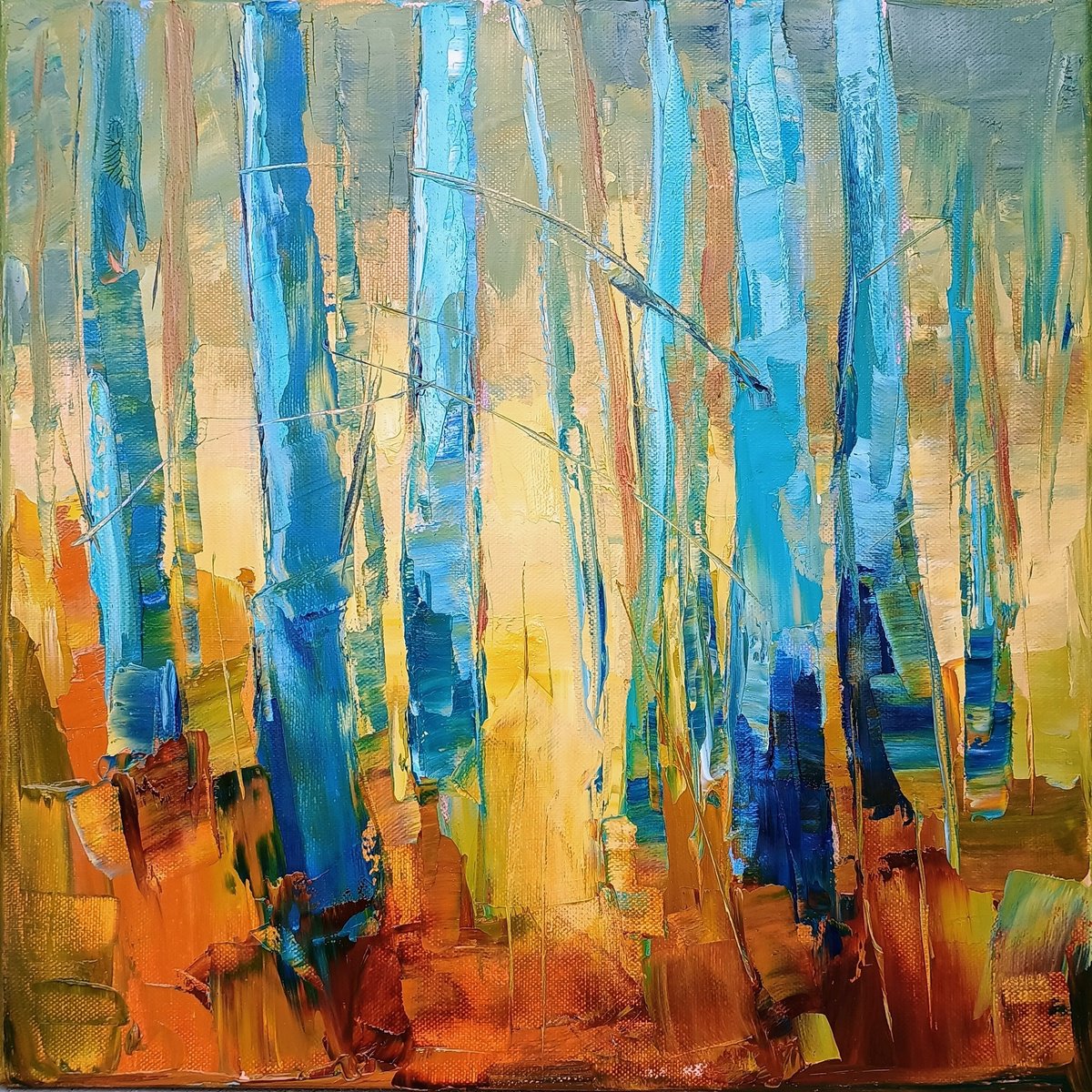 Expressive Landscape Oil Painting By Emilia Milcheva, 16 X 16, Turquoise & Gold, Original Artwork