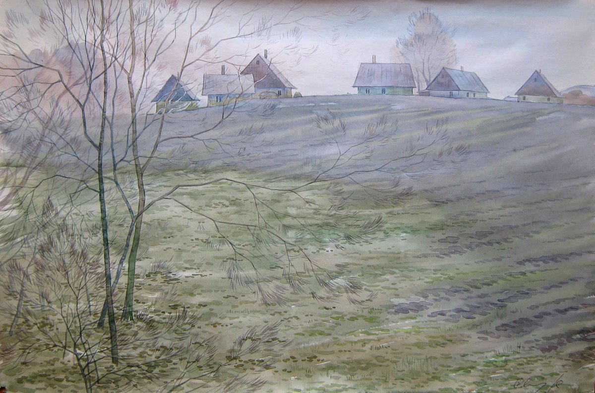 Impressionistic Landscape Watercolour By Valeriy Savenets-1, 24 X 16", The Snow Has Fallen, Original Artwork