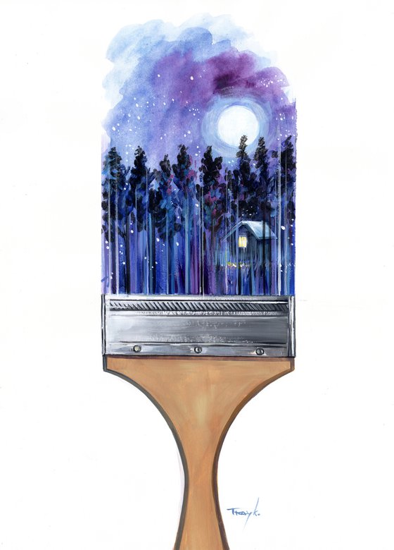 Artist's Paintbrush. Night. Moon. Snow Landscape. Woods. Blue Forest. Mountain. Winter.