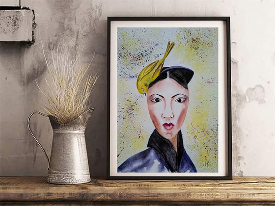 Woman with Goldfinch original watercolor painting