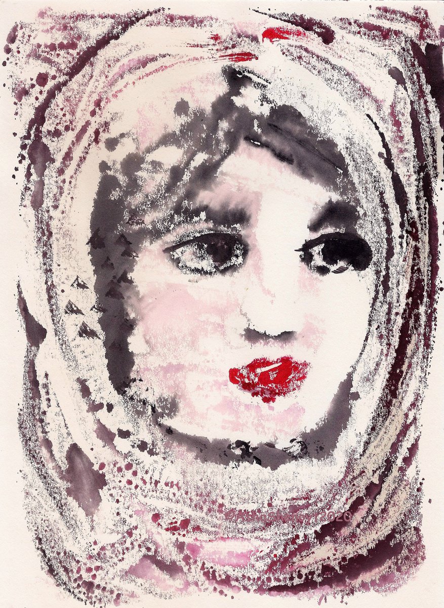 Portrait of a Woman Innocence - One of a kind Monotype Print on paper 11.25x 8.25 by Asha Shenoy