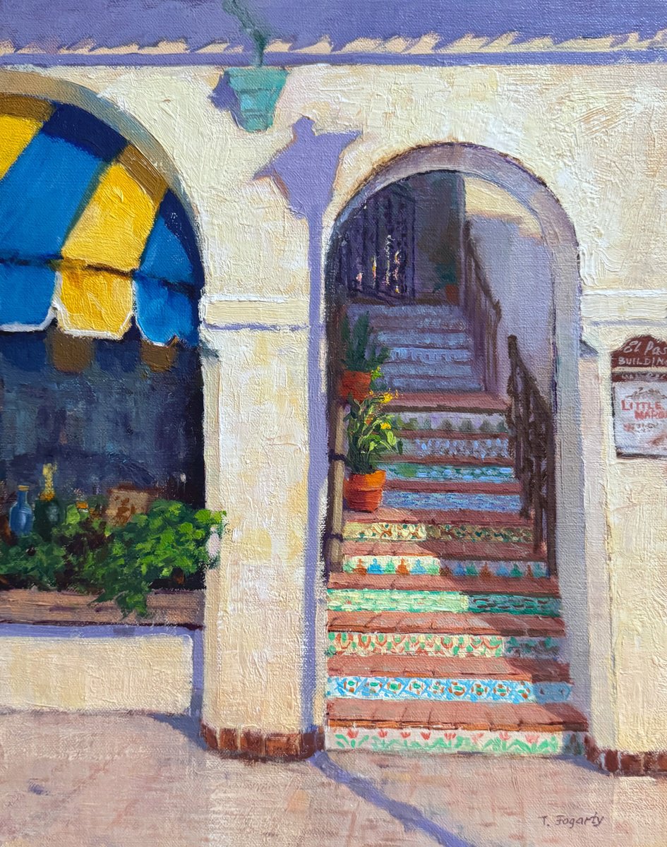 Impressionistic Cityscapes Oil Painting By Tatyana Fogarty, 11 X 14", Carmel Ornate Tiles Staircase, Original Artwork