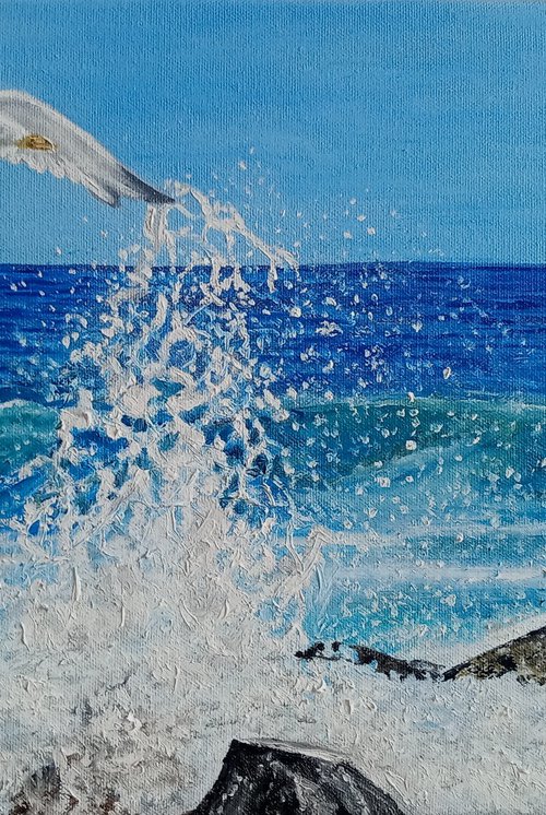 Seagull Over Waves by Ira Whittaker